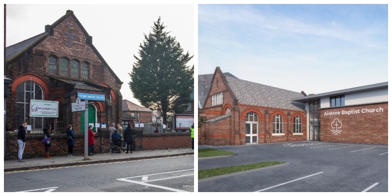 A 2 photo collage showing a street view of the current AIntree Baptist Church building on the left, and an artist's impression of a redeveloped building on the right