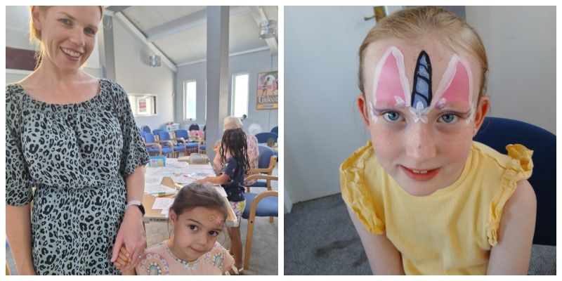 Collage of 2 images at the Laird Street Baptist Church Messy Church event; an woman holds the hand of a girl, another girl displays her face paint