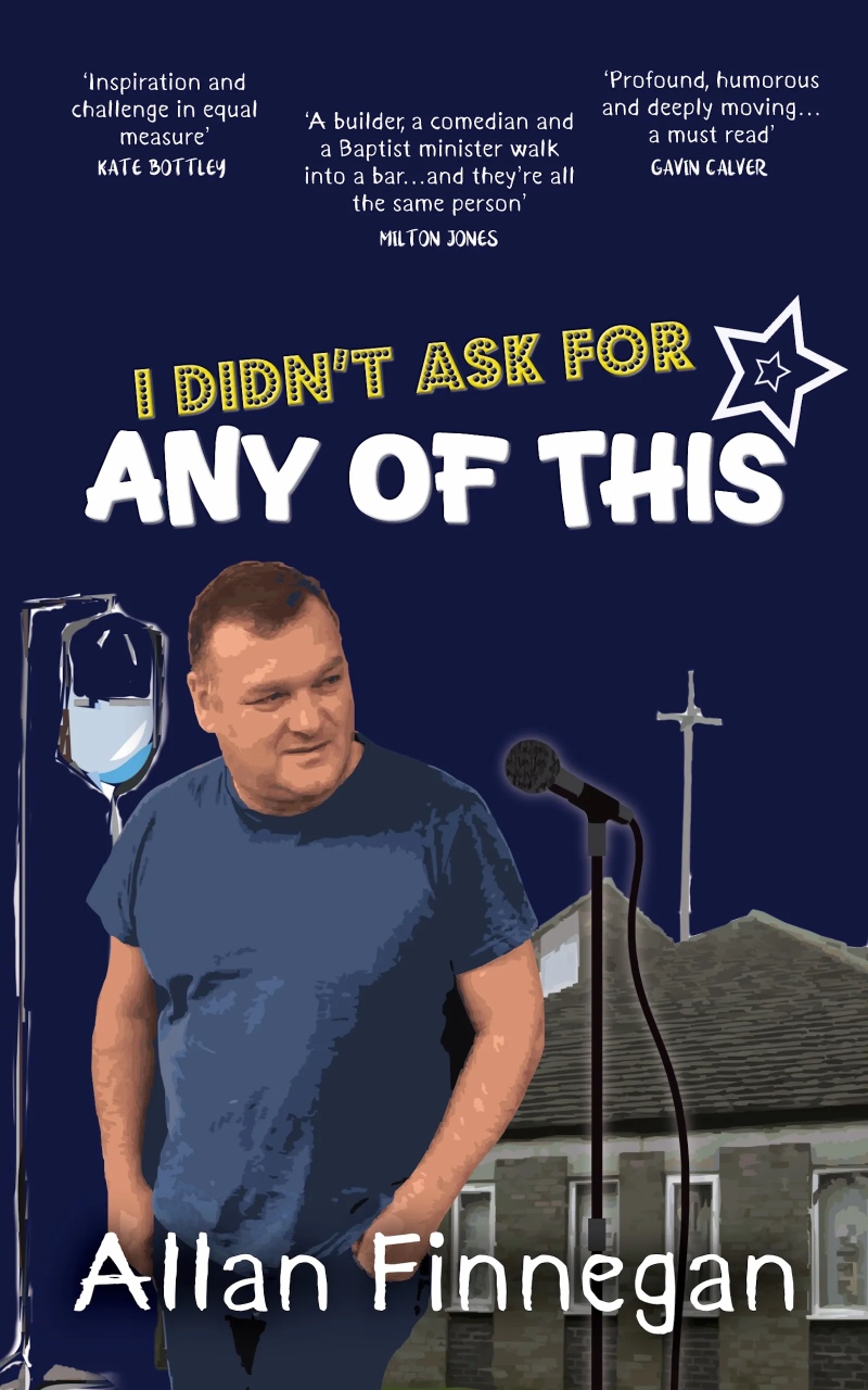 Allan Finnegan book cover showing Allan next to a microphone with a hospital drip behind him