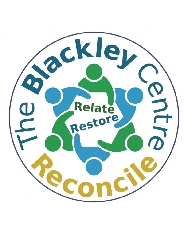 Logo of "The Blackley Centre" featuring six stylized figures in blue and green forming a circle, with "Relate," "Restore," and "Reconcile" inside.