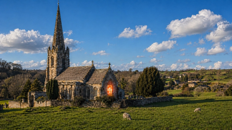 A historic stone church with a tall steeple sits in a sunlit rural landscape. Warm light glows through a large arched window, with trees and rolling hills in the background. Made with AI