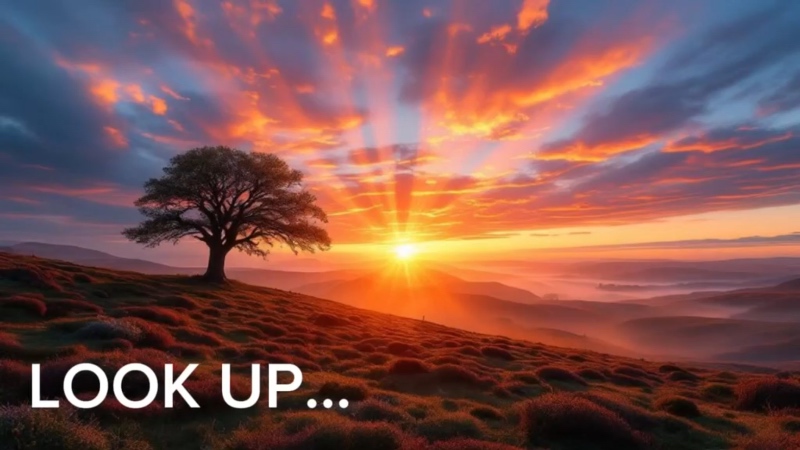 A single tree is illuminated by a stunning sunrise, alongside the words "Look up"