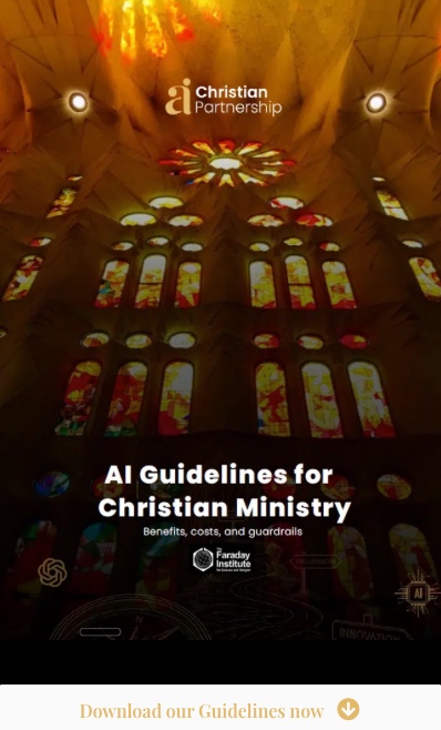 A promotional graphic for a resource titled "AI Guidelines for Christian Ministry," featuring a background photo of an illuminated cathedral interior with stained glass windows and a "Download our Guidelines now" button at the bottom.