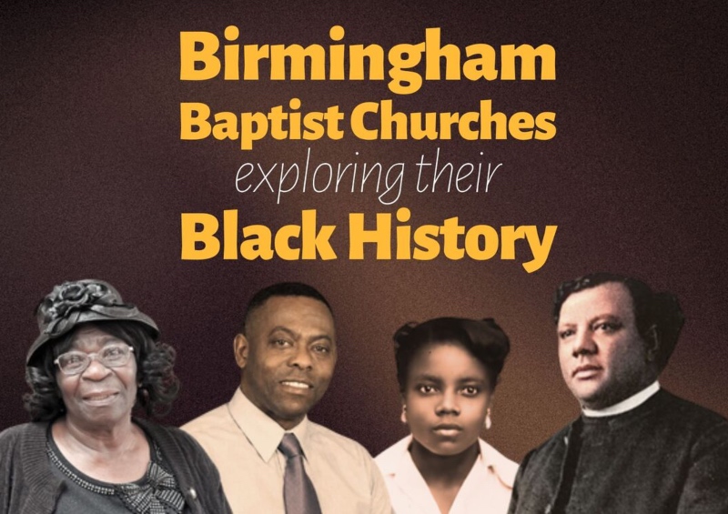 A promotional graphic titled "Birmingham Baptist Churches exploring their Black History" set against a dark background, featuring portraits of four Black individuals