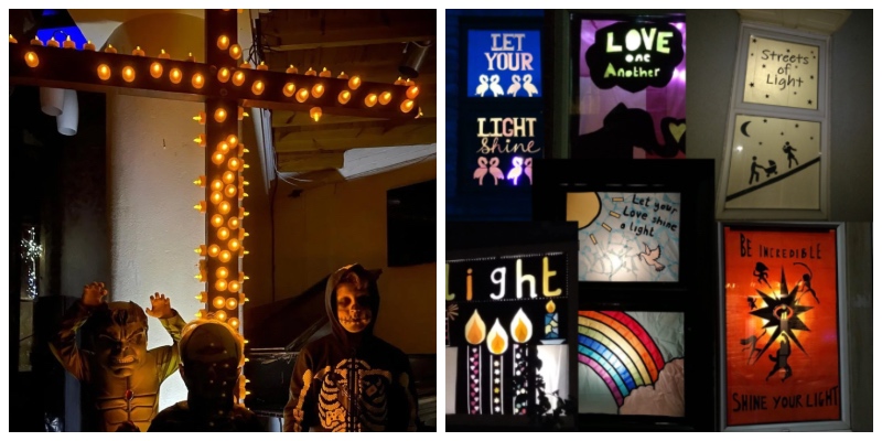 A split photo showing children in costumes standing before a cross illuminated with tea lights, alongside various lit window displays featuring messages like "Streets of Light" and "Let Your Light Shine".