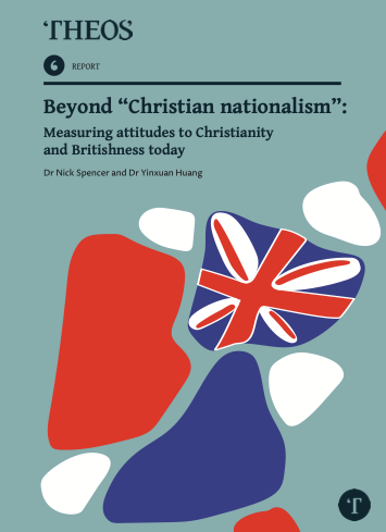 Cover of a Theos report titled "Beyond 'Christian nationalism': Measuring attitudes to Christianity and Britishness today" by Dr Nick Spencer and Dr Yinxuan Huang, featuring an abstract red, white, and blue pattern